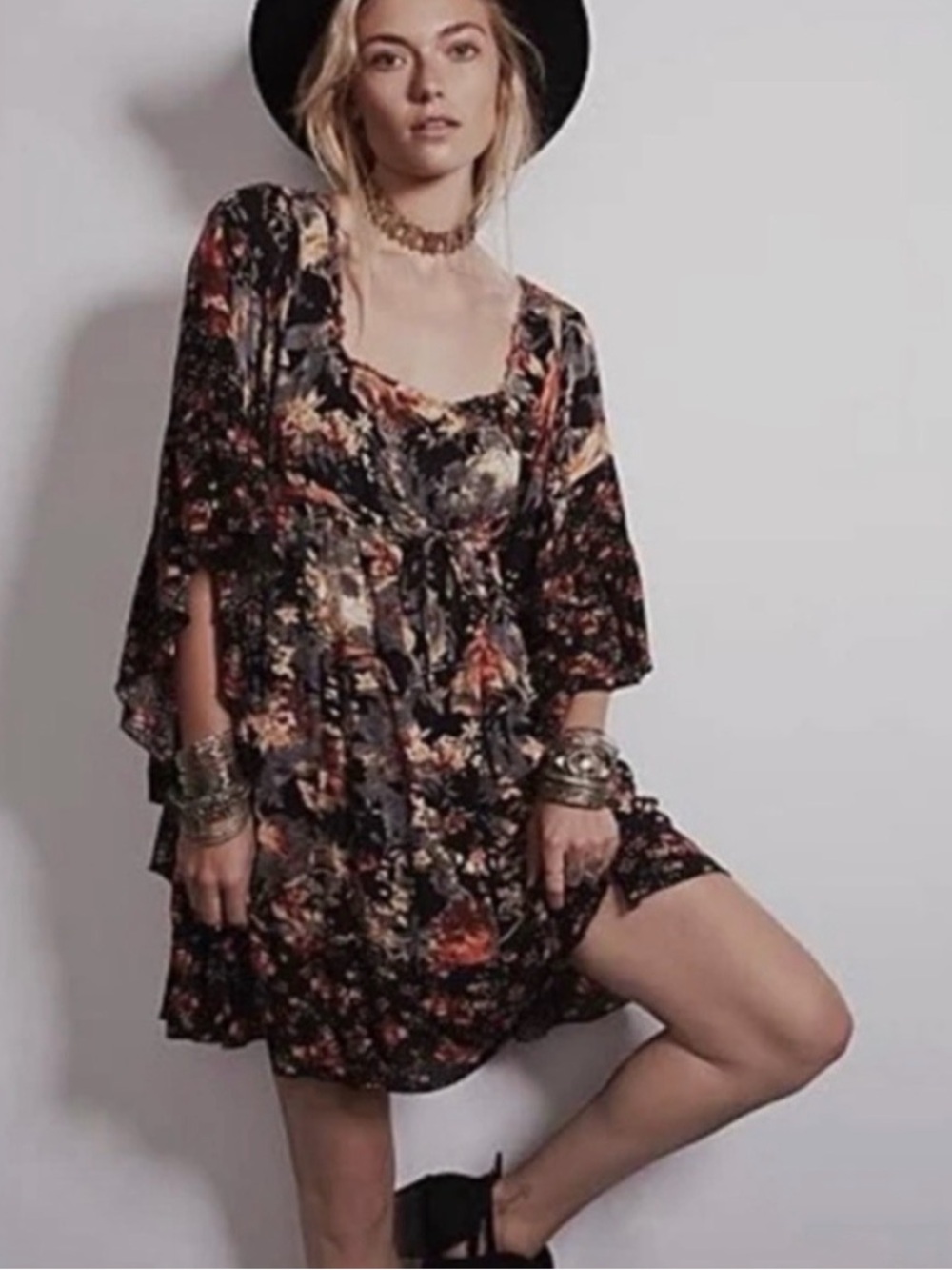 Free People Black Floral Boho Mini Dress